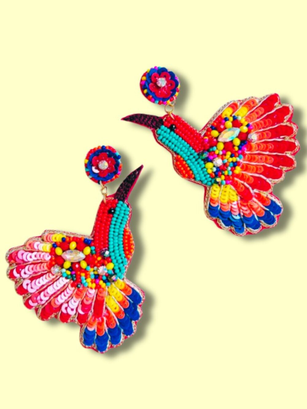 Seed Beaded Hummingbird Statement Earrings Bold Tropical Summer Glam Dangle Boho - Picture 8 of 8